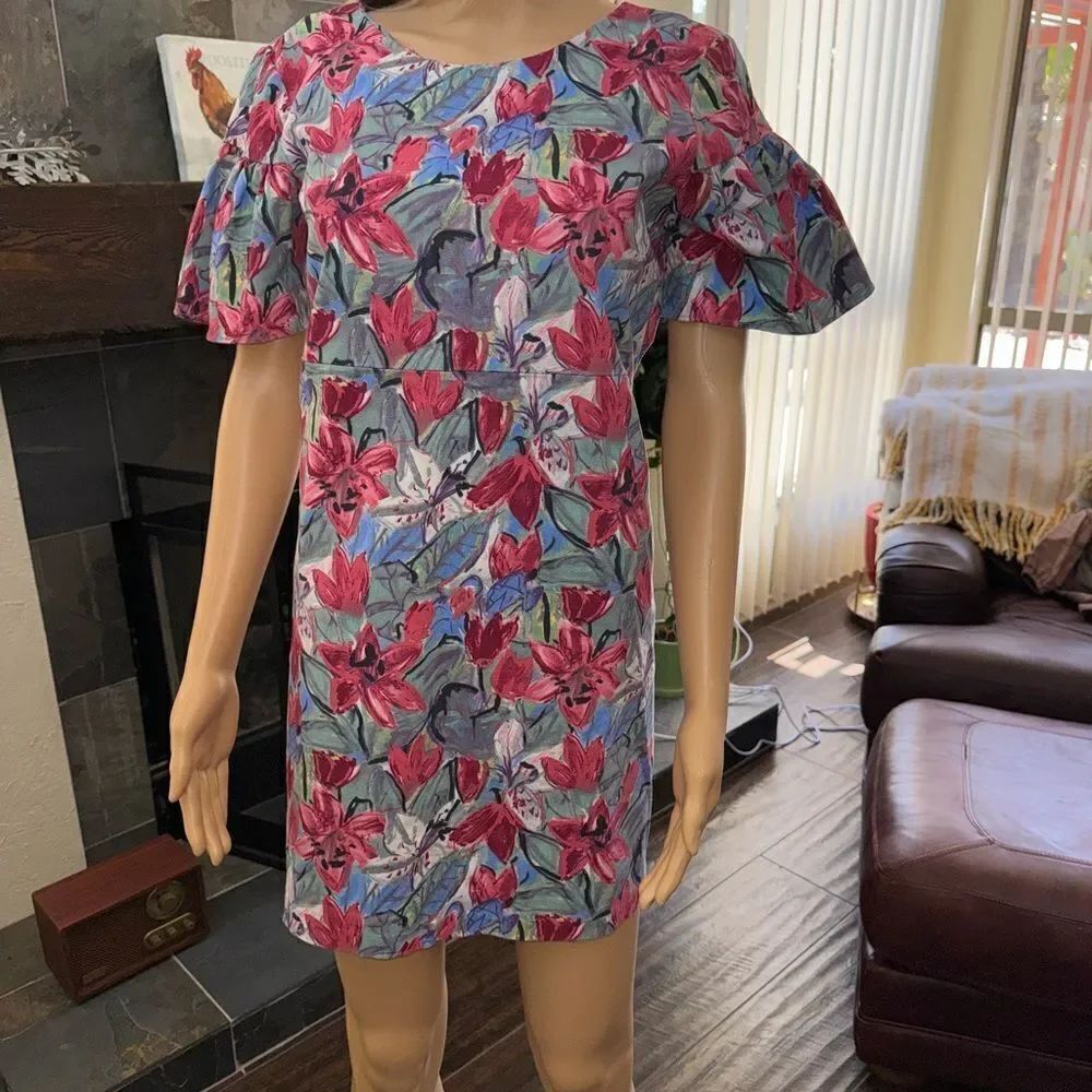 Zara Trafaluc Collection Watercolor Floral Bell/Puff Sleeve Tie Back Mini Dress